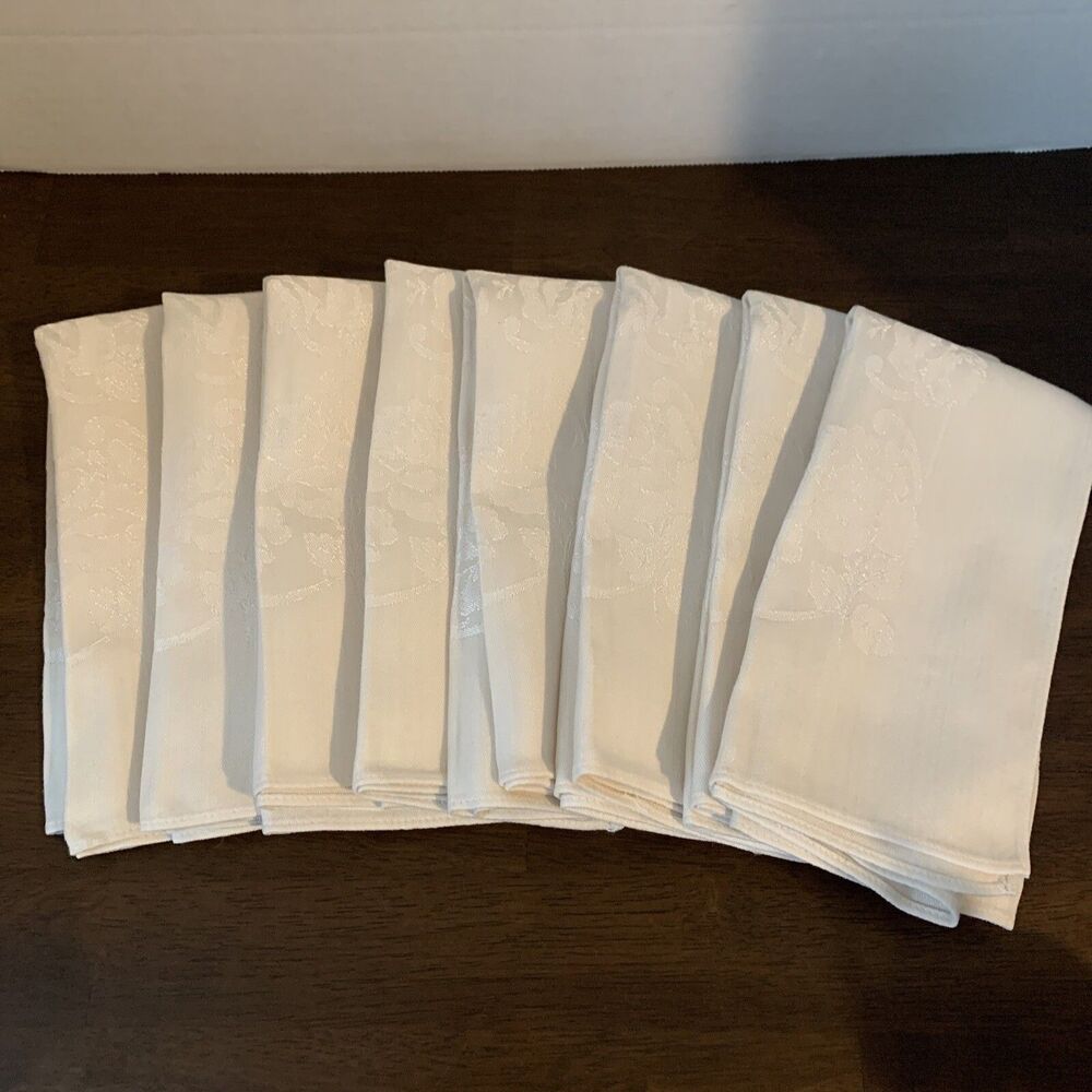 8 Floral Satin Brocade Dinner Napkins, Ivory Linen With Stitched Edge